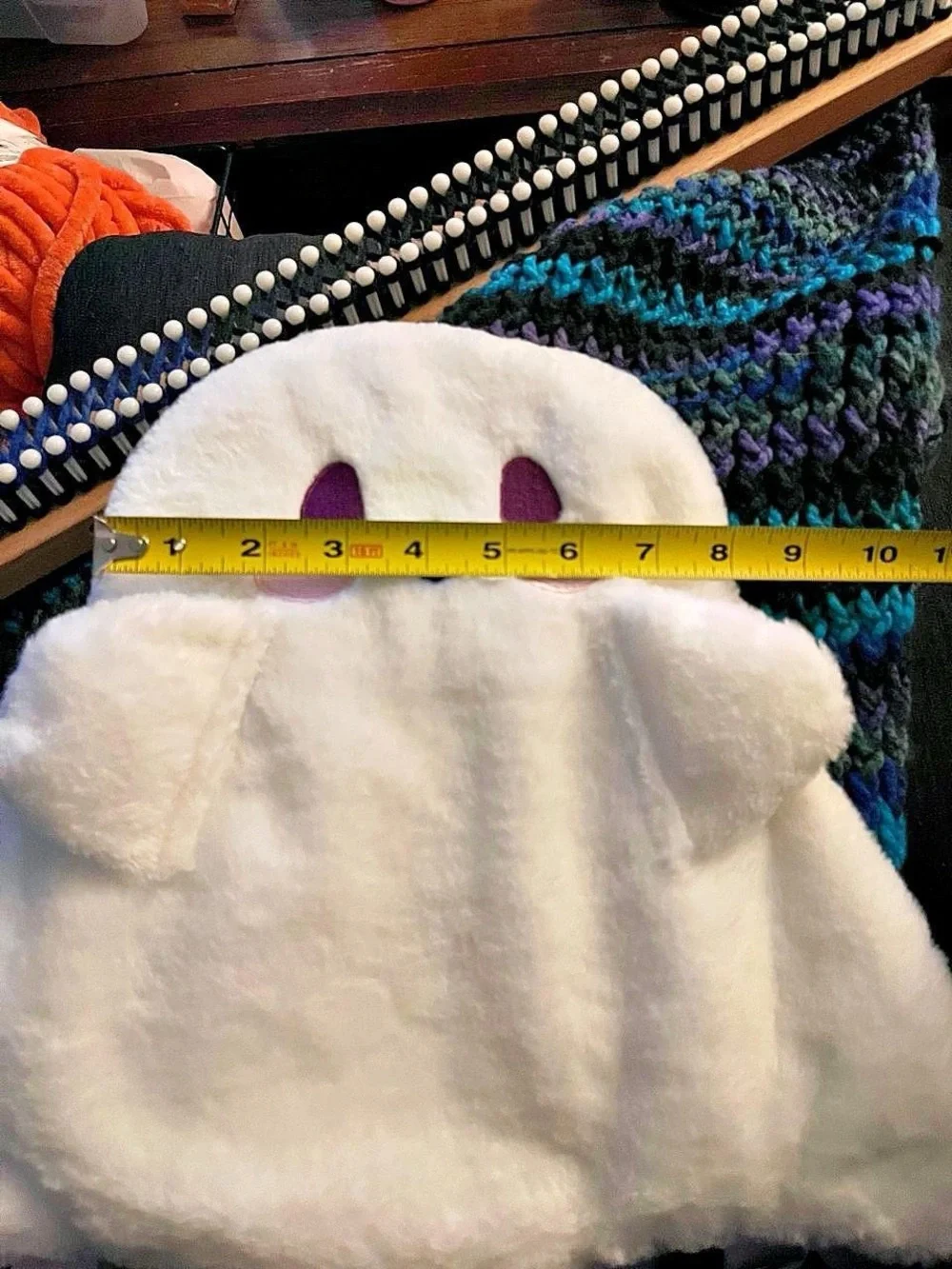 Plush White Ghost Backpack/shoulder bag with Purple eyes and pink cheeks. Kawai